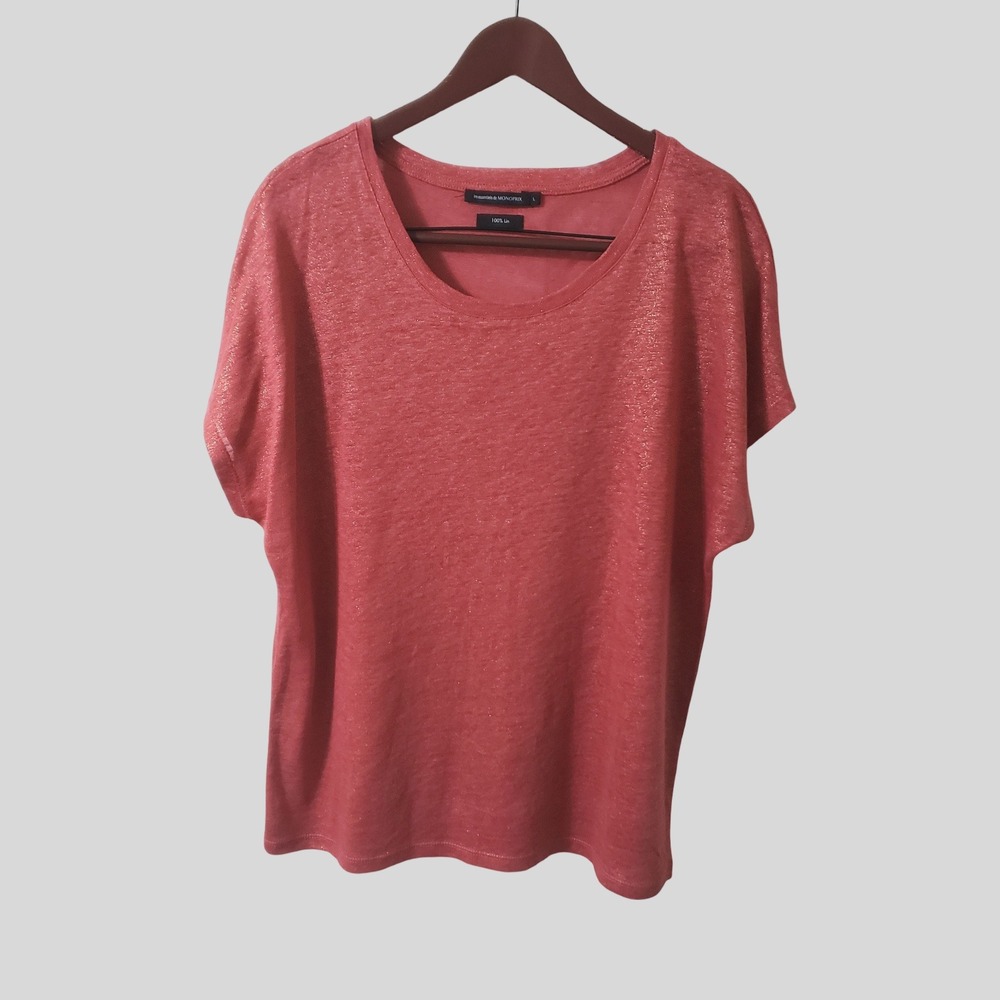 Monoprix Womens 100% Linen Pink Gold Metallic Dolman Sleeve Boxy Tee Size L